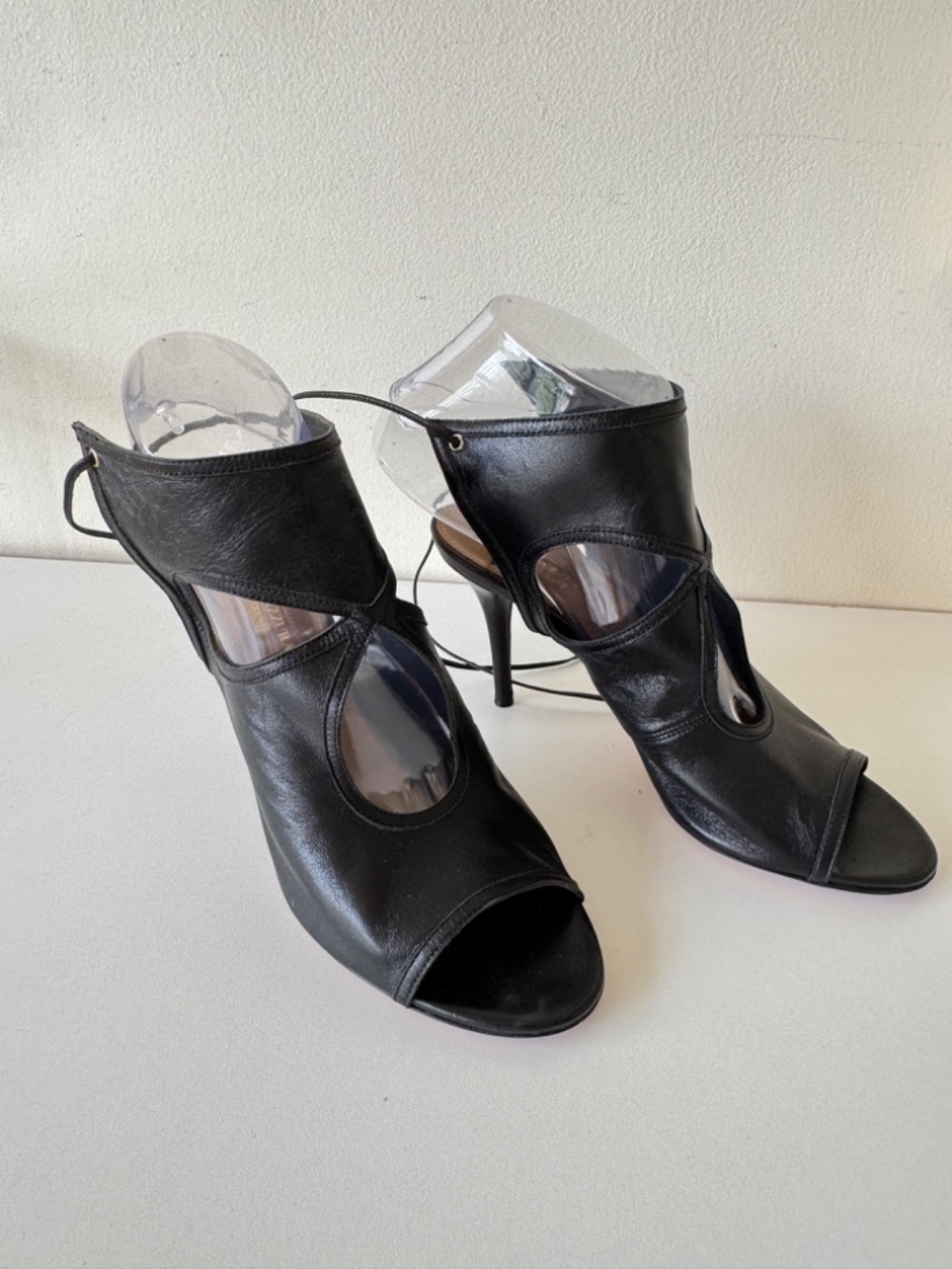 Aquazzura Black Leather Cutout Peep-Toe Booties Heels Stiletto Size 36